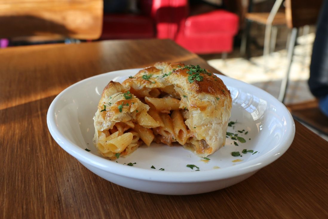 Maccheroni Dome, filled with pasta, ham, meatball and creamy tomato sauce ($18)<br>